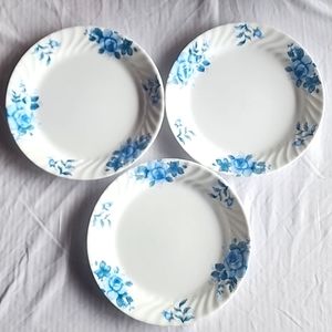 Set of 3 Corelle by Corning. Blue Velvet, Floral White Swirl Flower. Made in USA